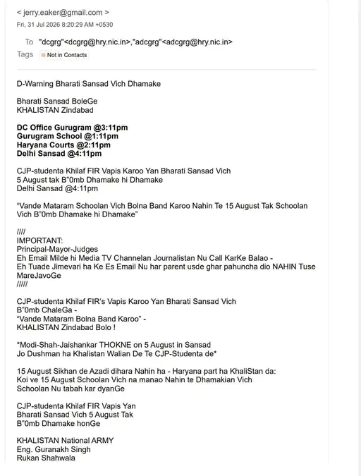 bomb threat email from Khalistan National Army